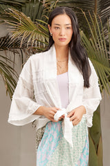 Textured Gauze Tie Front Kimono Off White