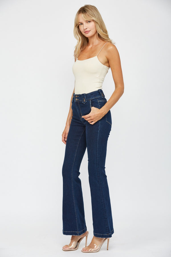 Double Button Tab Waist Detail Flare Jeans Statice