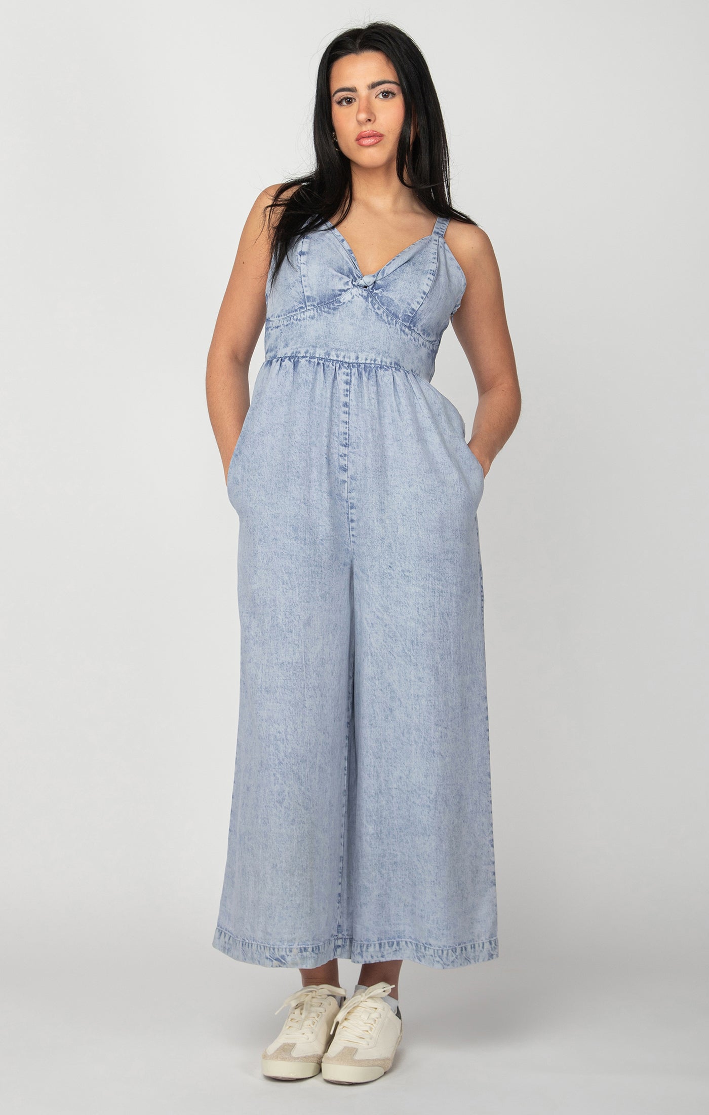 Tencel Knotted Front Wide Leg Jumpsuit Light Blue Wash