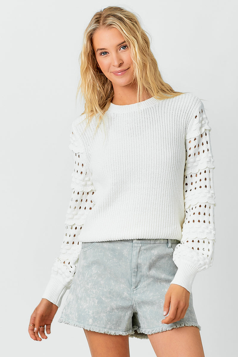 Textured Sleeve Crew Neck Sweater