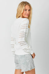 Textured Sleeve Crew Neck Sweater Ivory