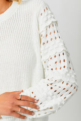 Textured Sleeve Crew Neck Sweater Ivory
