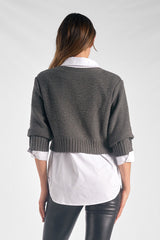 Vintage Button Half Sleeve Layered Sweater Top Gunmetal Grey