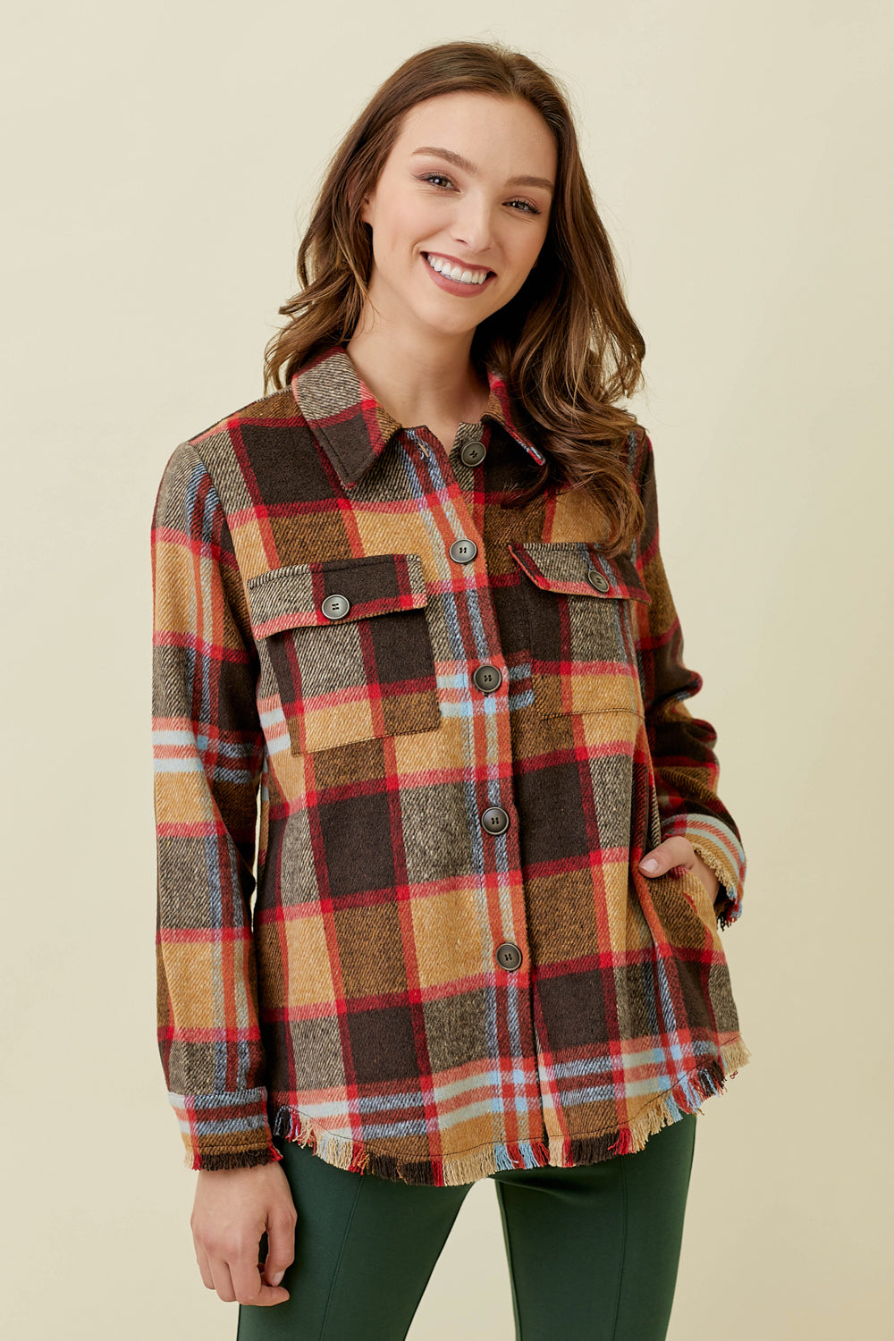 Frayed Hem Plaid Button Down Jacket Sand Mix