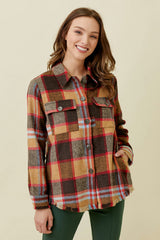 Frayed Hem Plaid Button Down Jacket Sand Mix