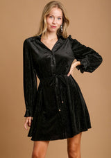 Textured Velvet Merrow Stitch Tie Belt Mini Dress Black