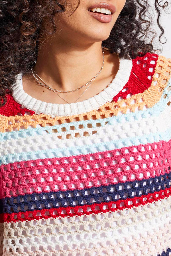 3/4 Bubble Sleeve Stripe Open Knit Sweater Poppy Red