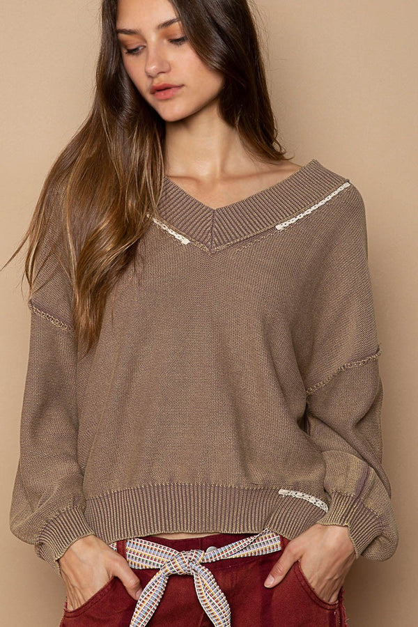 Contrast Stitch Detail Solid Vneck Sweater