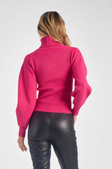Open Neck Puff Sleeve Sweater Fuchsia