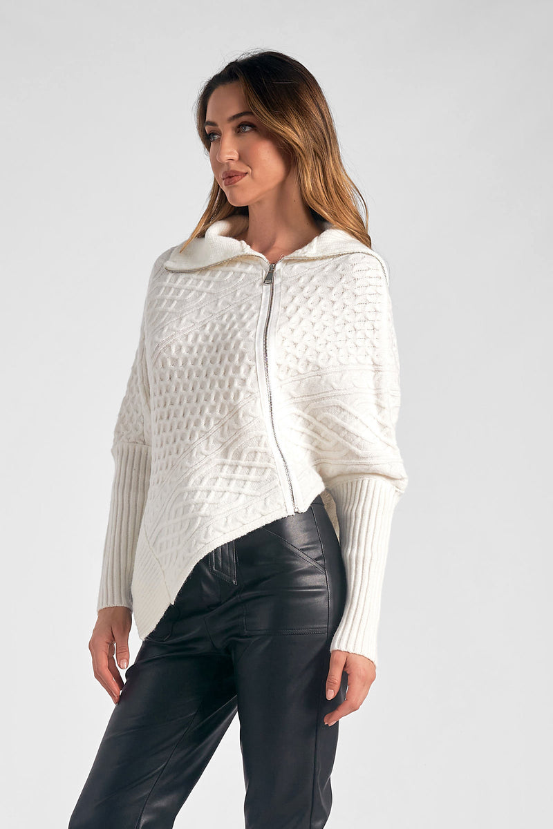 Mix Textured Knit Asymmetric Zip Sweater