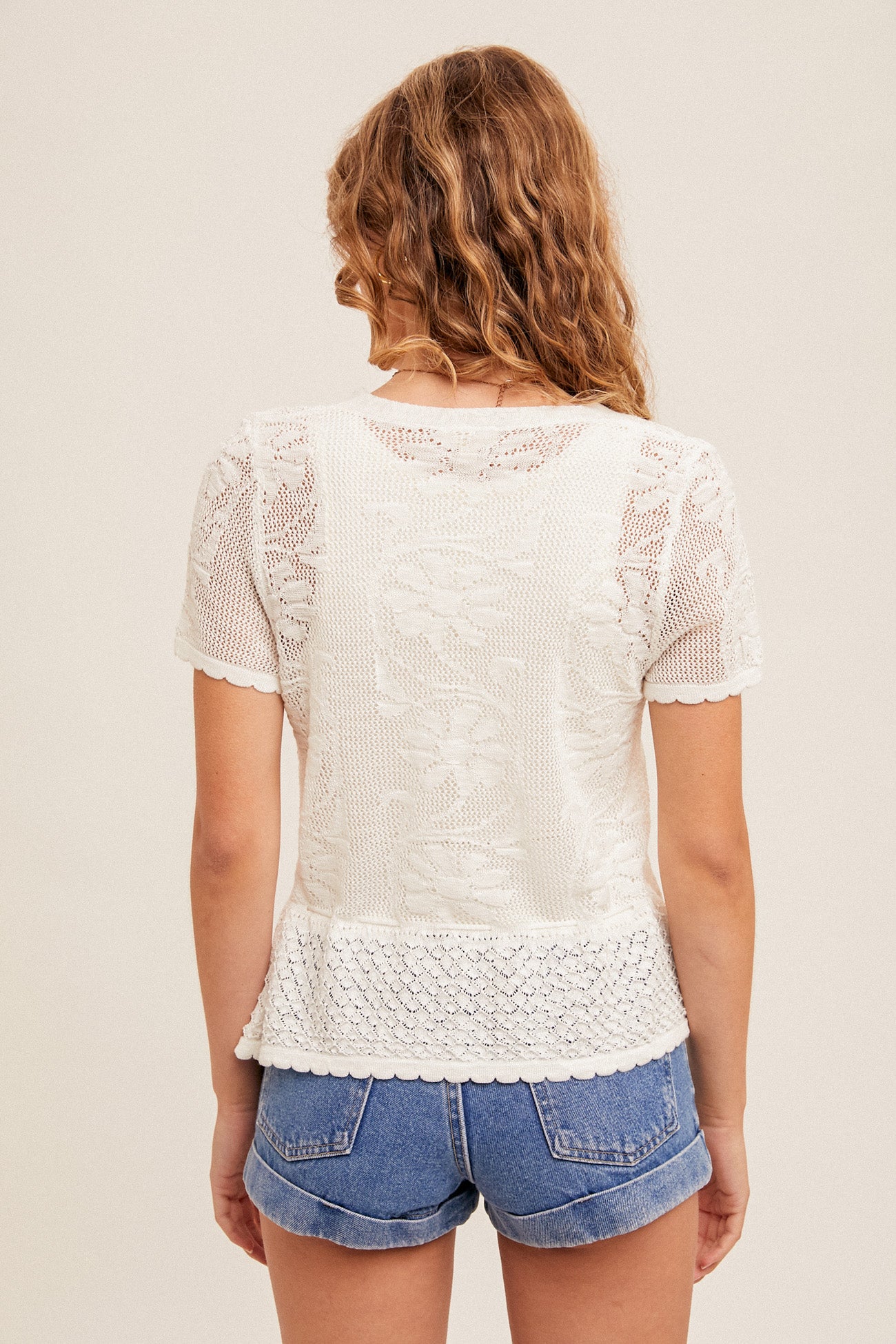 Tie Waist Front Button Pointelle Knit Top Ecru