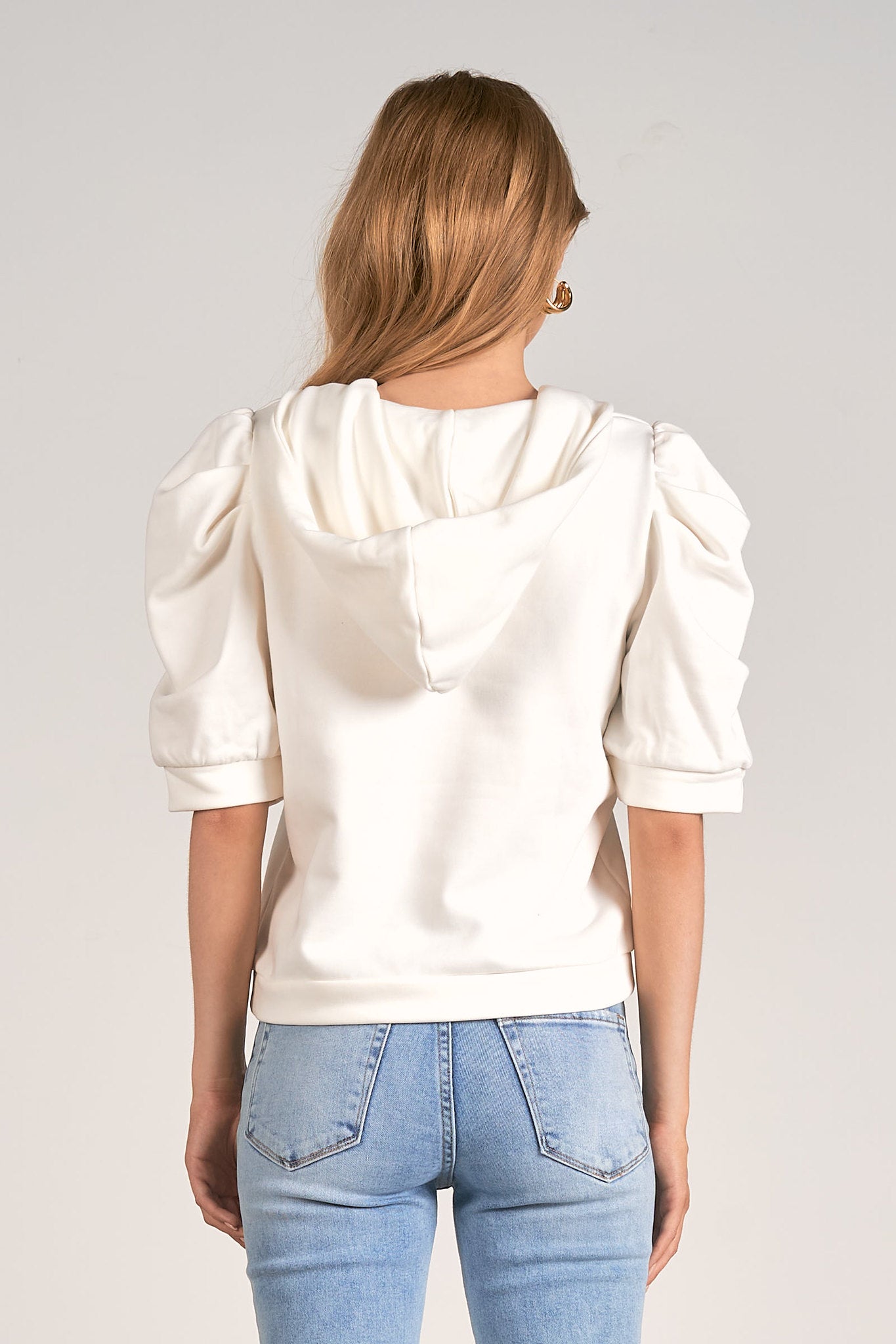 Puffed Short Sleeve Vneck Hoodie Top White