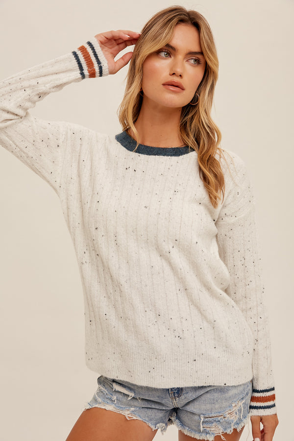 Speckled Yarn Stripe Sleeve Pullover