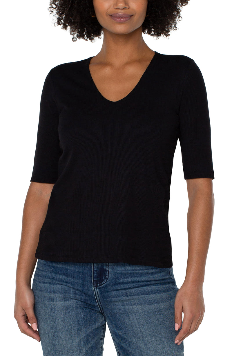 Double Layer 1/2 Sleeve Rib V Neck Top Black