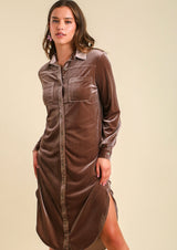 Button Up Velvet Midi Shirt Dress Almond
