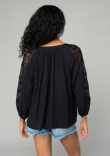 Floral Lattice Trim Split Neck Long Sleeve Blouse Black