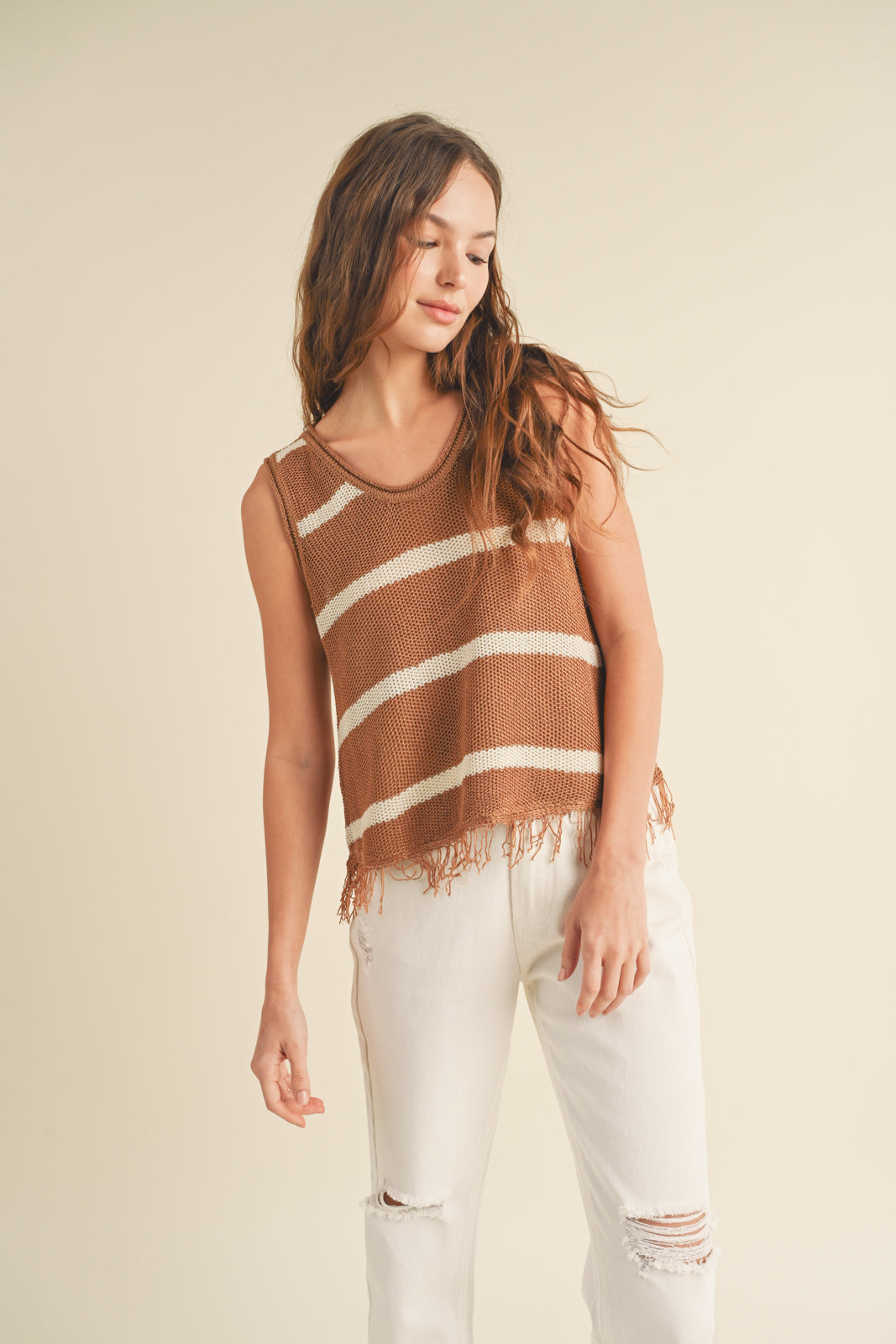 Fringe Hem Striped Sweater Tank Hazelnut + Cream