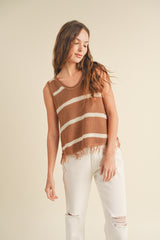 Fringe Hem Striped Sweater Tank Hazelnut + Cream