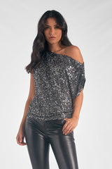 Sequin Wide Neck Off Shoulder Top Silver