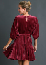 Velvet Round Neck Tie Belt Mini Dress Sangria