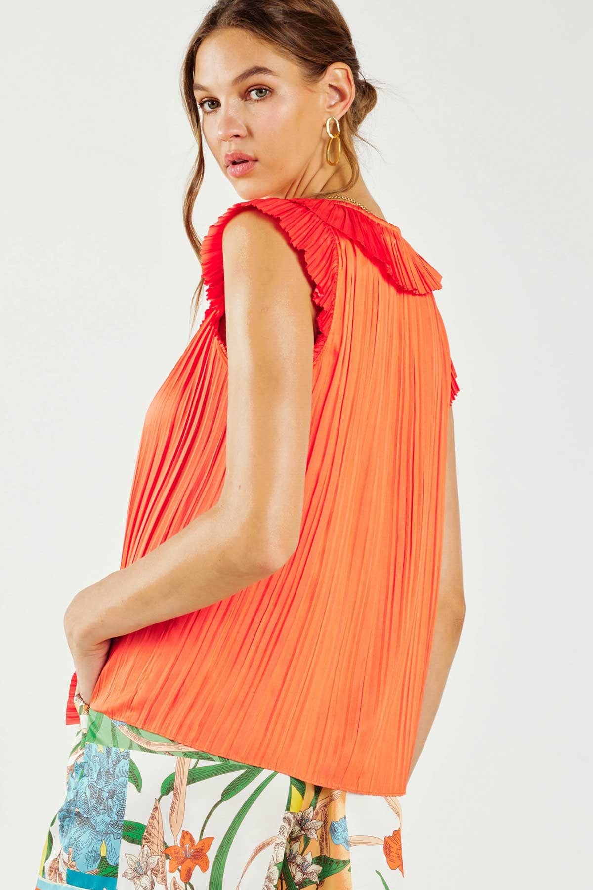 Pleated Ruffle Trim Button Detail Blouse Orange Red