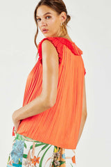 Pleated Ruffle Trim Button Detail Blouse Orange Red