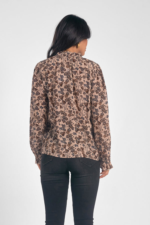 Ruffle Neck Button Down Cinch Sleeve Blouse