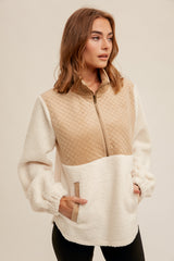 Quilted Velvet 1/4 Zip Sherpa Pullover Cream + Taupe