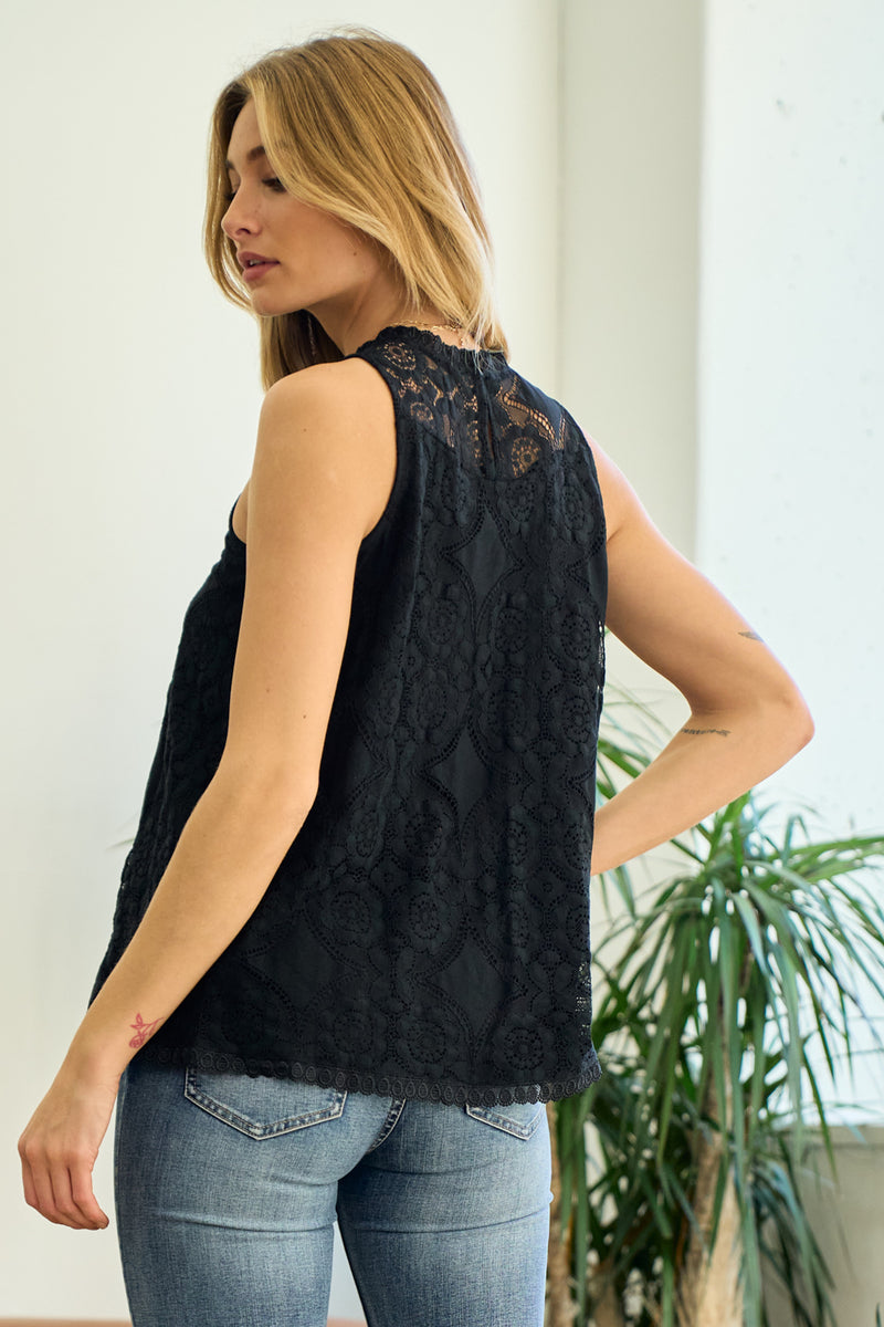 Front Pleat Sleeveless Lace Top