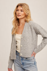 Pearl Detail Buttoned Cardi Heather Grey