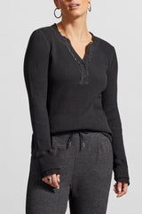 Fray Hem Double Layered Cuff Henley Black
