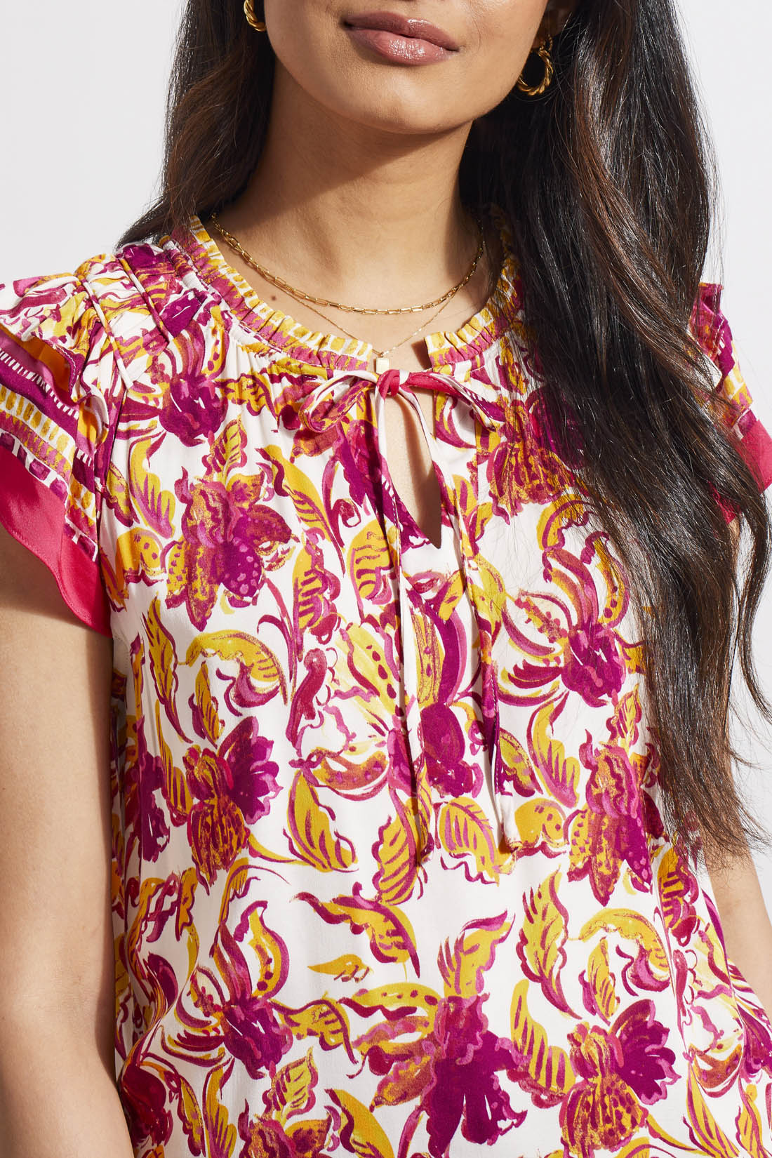 Border Print Tie Neck Frill Blouse Limoncello