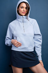 French Terry Cropped Quarter Zip Hoodie Sky Blue