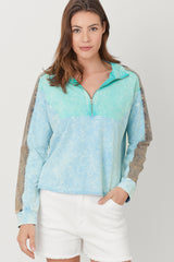 Colorblocked Terry Half Zip Pullover Washed Blue Mix