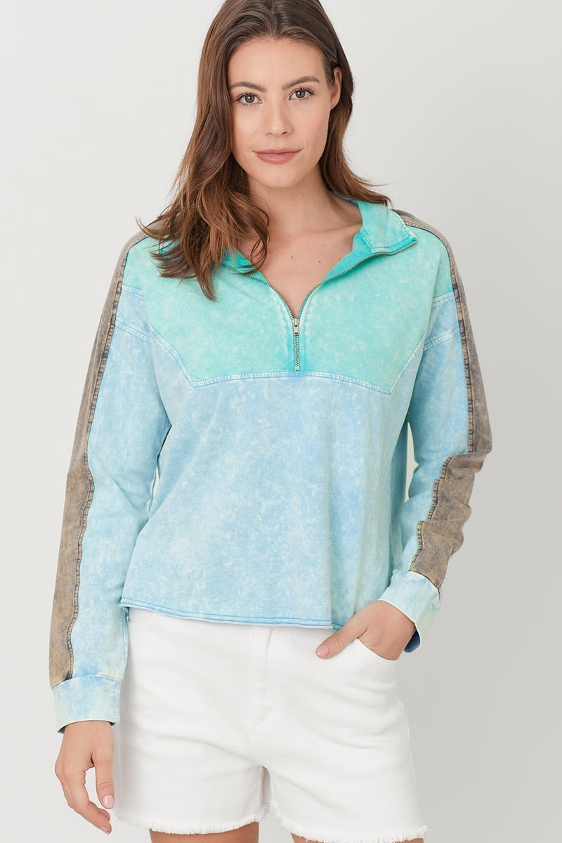 Colorblocked Terry Half Zip Pullover