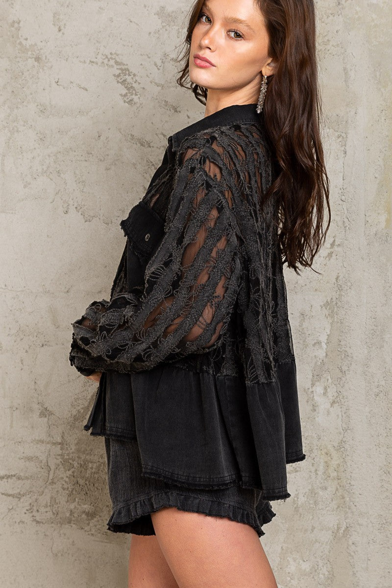 Oversize Lace Pattern Sheer Contrast Jacket Black