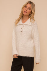 Eyelash Henley Buttoned Collar Sweater Ivory