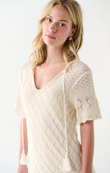 Tassel Tie Pointelle Knit Mini Dress Cream