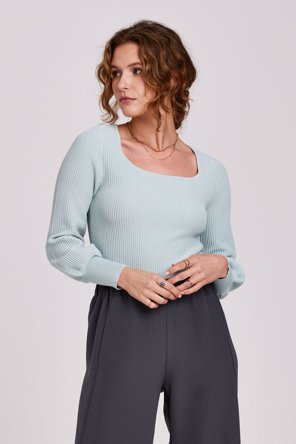 Lincoln Puff Sleeve Square Neck Rib Top Tranquil Blue
