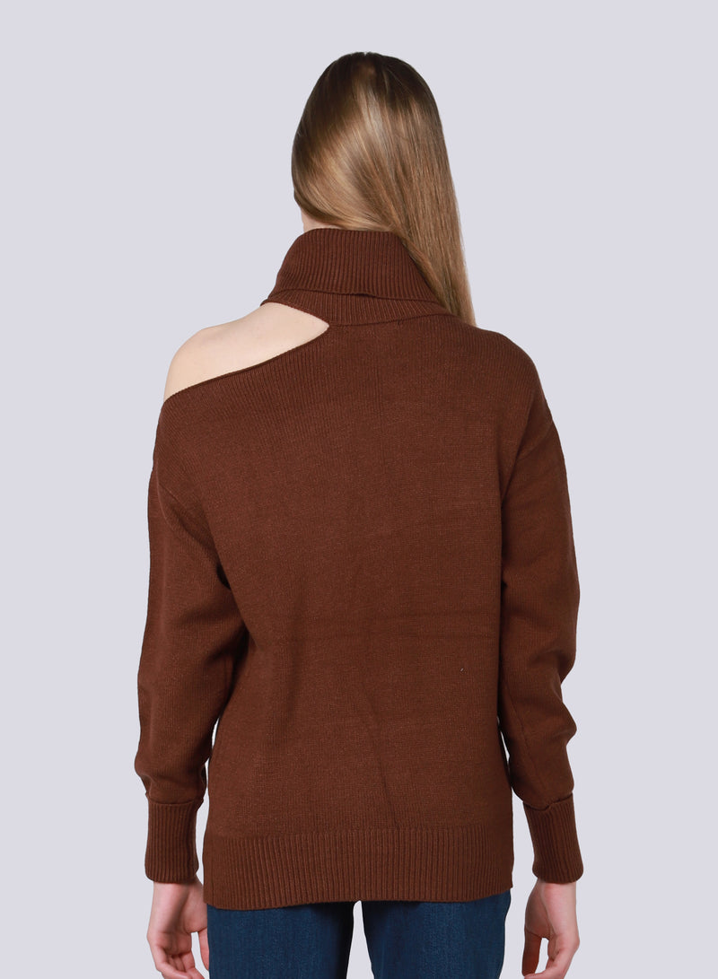 Turtleneck Cut Out Sweater Red Brown