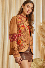 Emb. Suede Military Jacket Camel