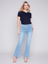 Detailed Button Waist Flare Twill Pants Light Blue