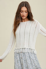 Open Knit Tassel Hem Sweater Off White