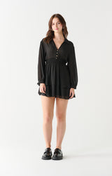 Smocked Waist Tiered Mini Dress Black