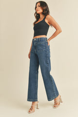 Patch Pocket Wide Leg Jeans Dark Denim