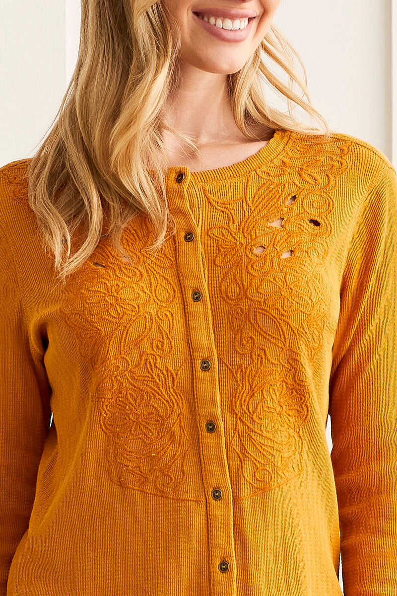 Button Down Embroidered Henley Top Goldleaf