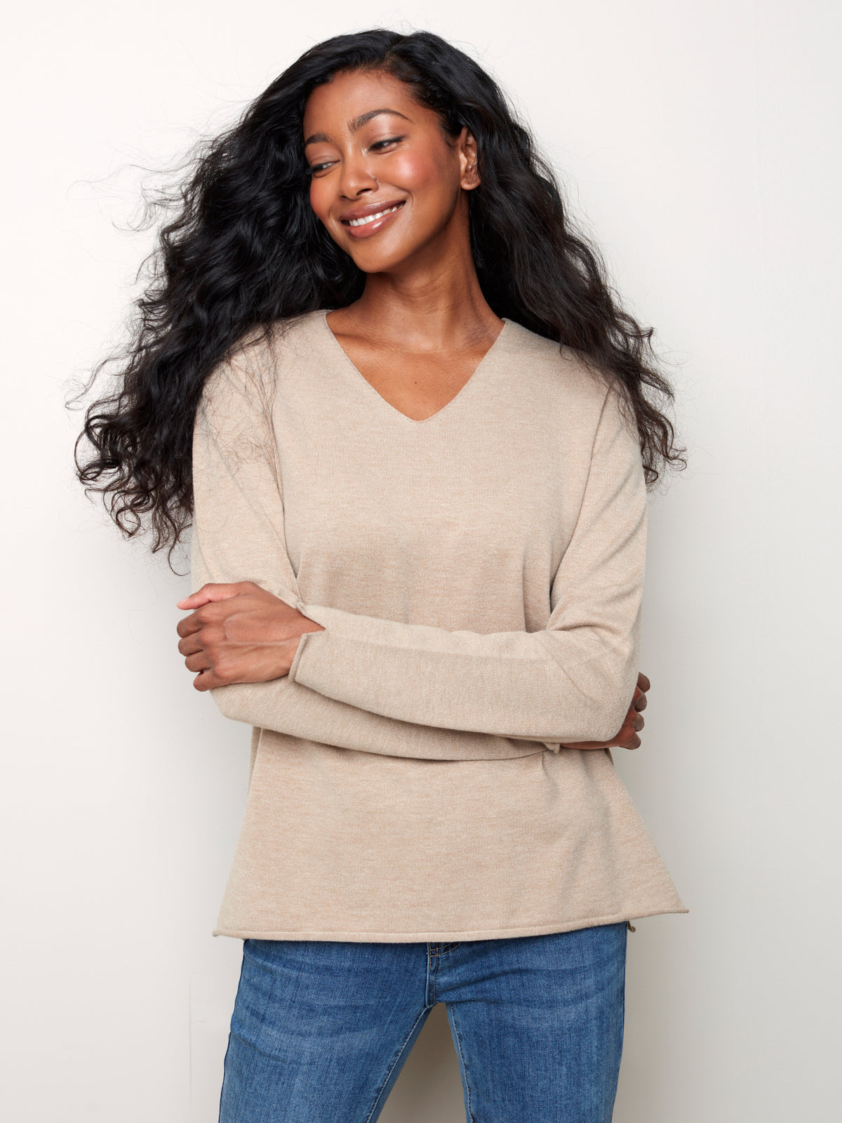 V Neck Basic Sweater Heather Chestnut