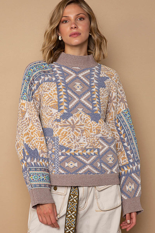 Mock Neck Multi Patterns Sweater