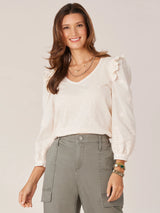 Puff Ruffle Long Sleeve Eyelet Details Top Macademia