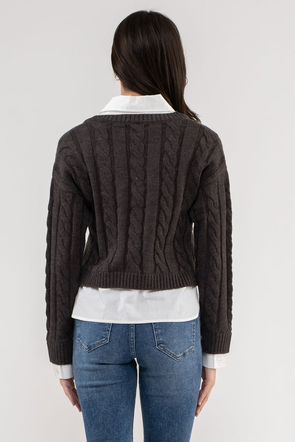 Layered Vneck Cable Knit Sweater Charcoal